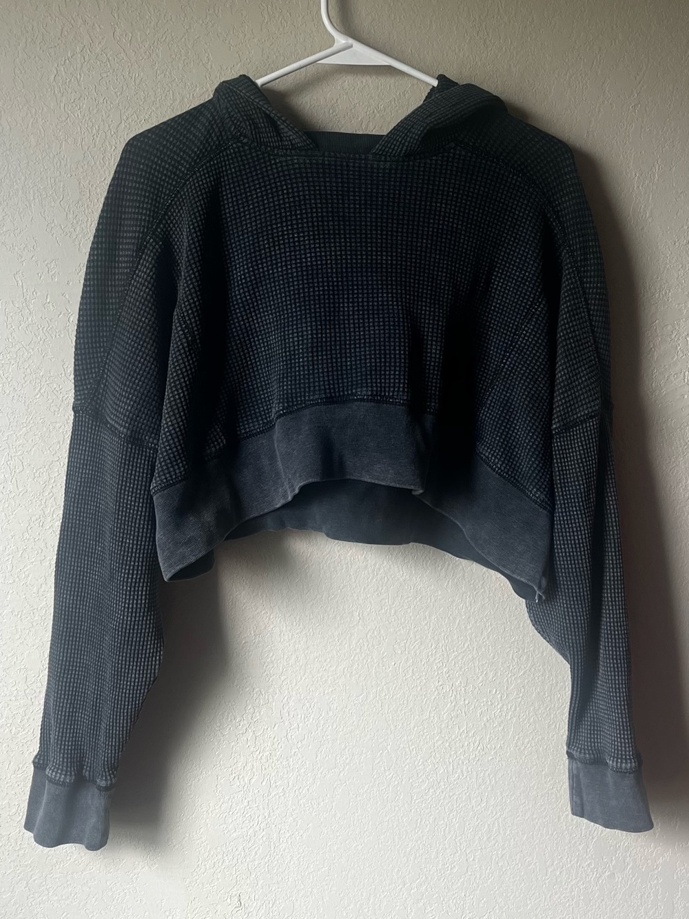 Out From Under Brand Cropped Waffle-Knit Hoodie in Charcoal